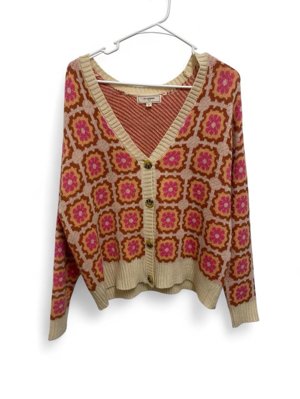 Pink & Tan Floral Pattern V-Neck Cardigan Retro No Comment